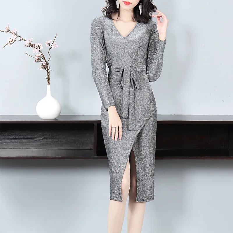 

Long Sleeved Dress Women 2019 Autumn New V-Neck Solid Color Slim Lace-up Waist Bow Split Elegant Pencil Dress Midi S-XL