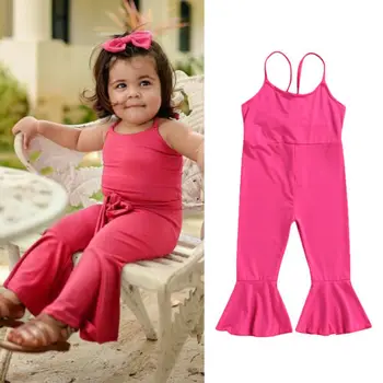 

1-6T Baby Girl Kids strap Ruffle Romper Overalls pants backless bowknot Bib Pants Flared pants one piece jumpsuit Outfits