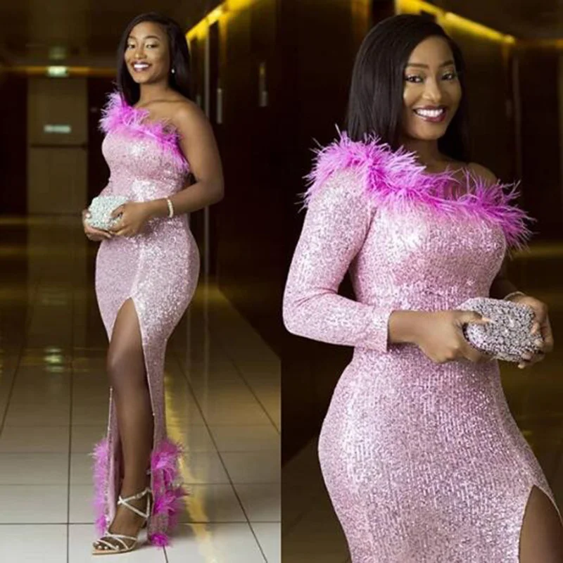 Zoete Roze Mermaid Avond Jurken 2020 Elegante Een Schouder Lange Mouwen Side Split Veer Sparkly Sequin Dubai Prom Gown Zoete Roze Mermaid Avond Jurken 2020 Elegante Een Schouder Lange Mouwen Side Split Veer Sparkly Sequin Dubai Prom Gown