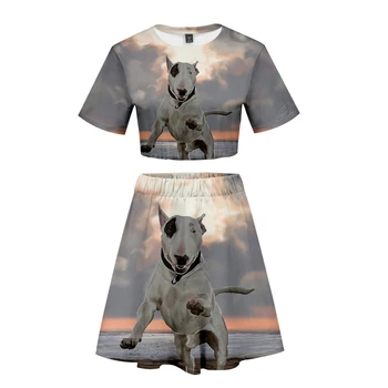 

2019 Terrier print 3D comfortable Hipster cool Basic Summer Casual Navel Short Sleeve+Short Skirt Sets Women 2 Pic Skirts Set