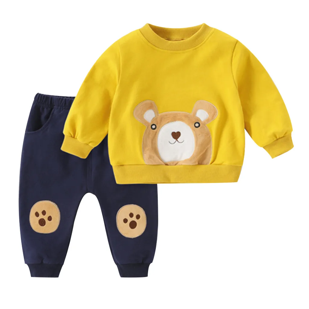 Детская одежда для маленьких мальчиков; хлопковые толстовки с рисунком медведя+ штаны; Детские костюмы из 2 предметов для мальчиков и девочек; Детские повседневные спортивные костюмы - Цвет: Цвет: желтый