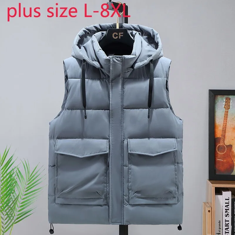 New Men's Winter Vest Windproof Hat Detachable Waistcoat Warm Thick Plus Large Size 8XL Sleeveless Jacket Simple Solid Men V