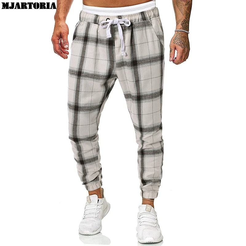 

MJARTORIA 2019 New Plaid Casual Pants Mens White Straight Drawstring Running Fitness Leggings Exercising Skinny Wild Sweatpants