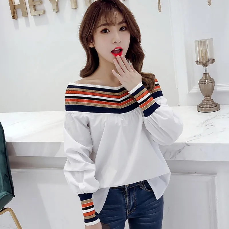 

Spring Autumn Off Shoulder Knit Stitching Shirt Women Casual Loose Long Sleeve V Neck Blouse Ladies Top