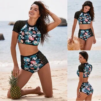 

Women Bikini Swimwear O-Neck Short Sleeve Lace Hollow Floral Print Beach High Waist Bathing Suits 2pcs Swimsuit