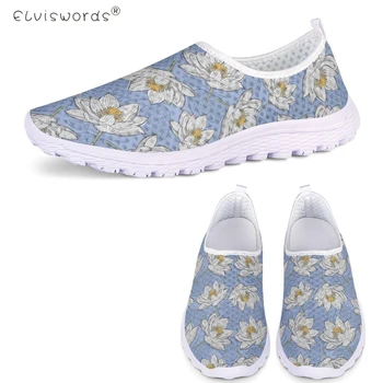 

ELVISWORDS Casual Small Fresh Design Lotus Printing Slip On Air Mesh Flats Shoes Women Comfortable Breathable Soft Sneakers