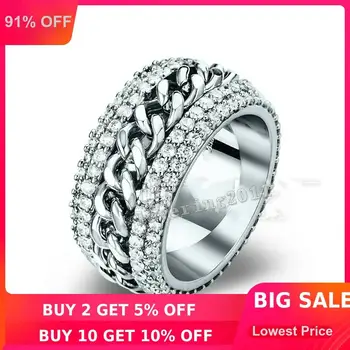 

choucong Rotating Chain Women Men Jewelry 5A Zircon Cz 925 Sterling silver Engagement Wedding Band Ring Width 9mm