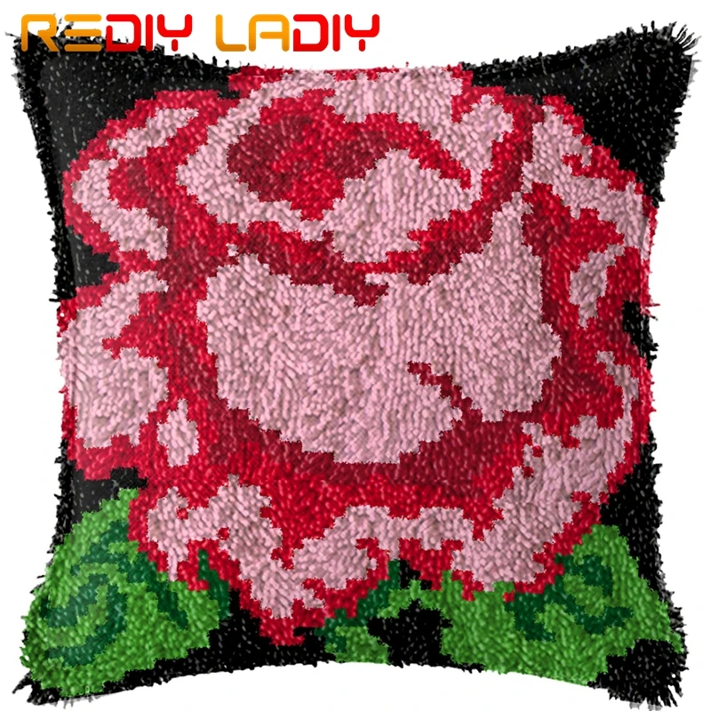 Latch Hook Cushion Big Pink Rose Pillow Case Printed Color Canvas Acrylic Yarn Latched Hook Pillow Crochet Cushion Cover Kits