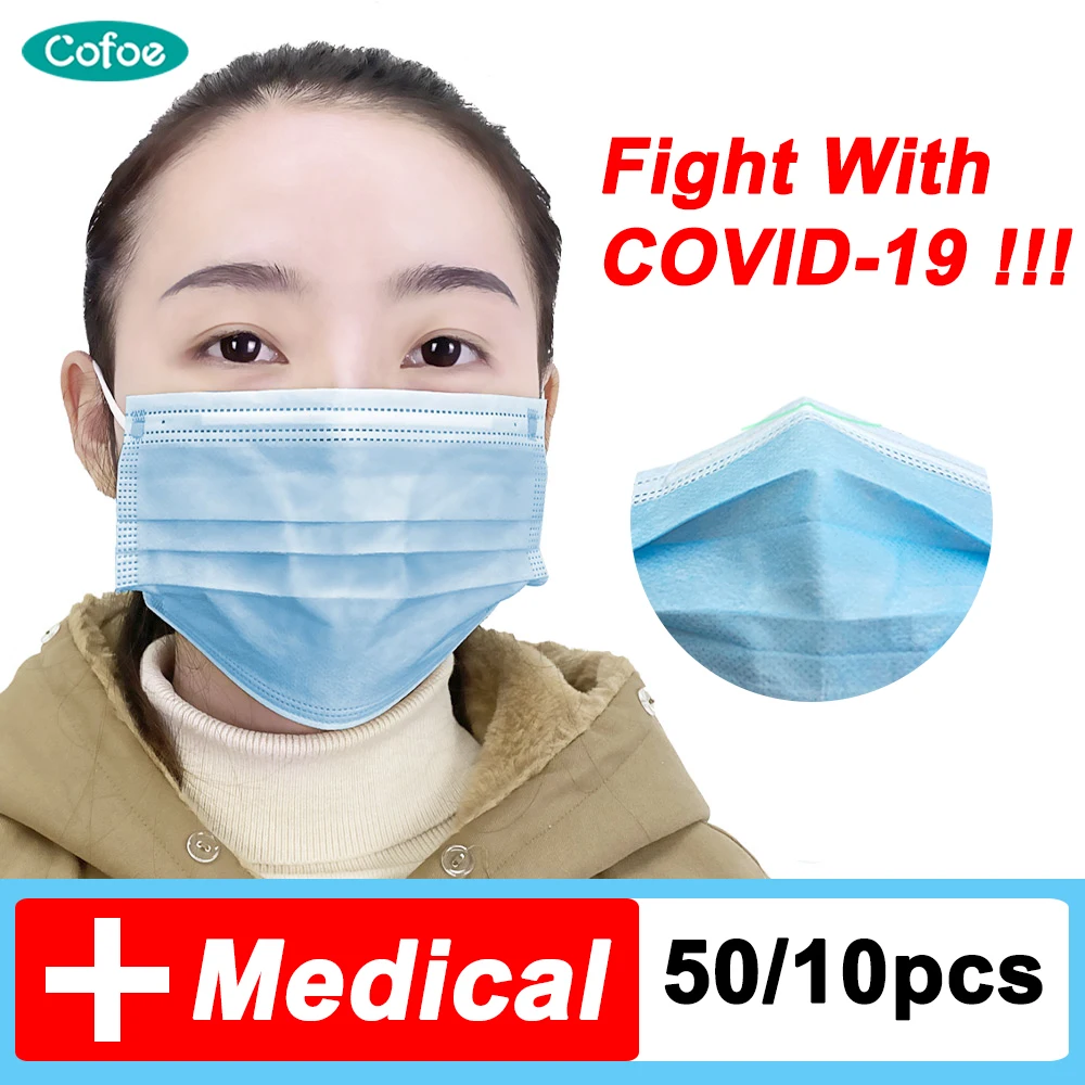 

Cofoe Medical Mask Disposable Face Mask 3-Ply Nonwoven 50/100 Pcs Medical Surgical Masks ffp3 Elastic Soft Anti-dust Mouth Noso