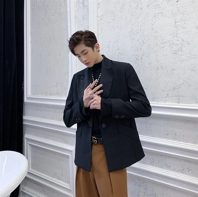 Men Asymmetry Collar Loose Casual Single Button Suit Jacket Male Japan Streetwear Vintage Fashion Short Blazer Coat Outerwear