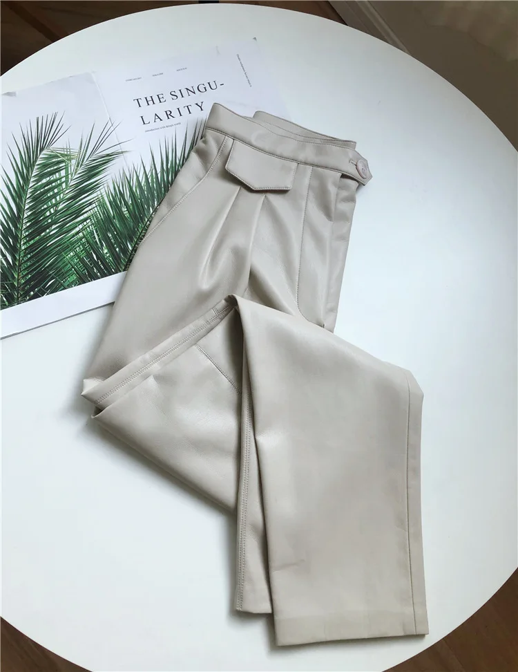 Новые супер мягкие кожаные брюки женские с высокой талией прямые женские брюки дикая стильная одежда - Цвет: White