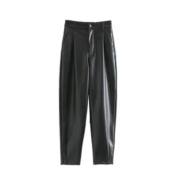 

women black PU leather pants autumn high waist warm pleated with zipper stretch waist streetwear faux leather trousers female