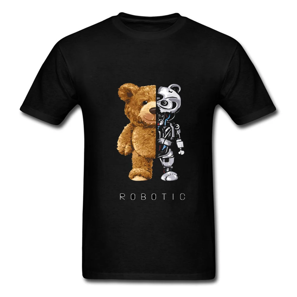 Cotton T-Shirt Fashion Summer Bear and Robot T-shirt 3D Printed Men for Women Shirts Tops Funny Cotton Black Tees