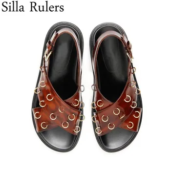 

Runway Ring Thick Sole Sandals Woman Cross Tied Round Toe Genuine Leather One Strap Gladiator Sandals Summer Sandals Woman 2020