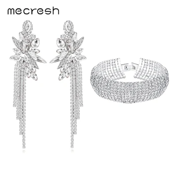 

Mecres Crystal Flower Shape Wedding Tassel Earrings Bracelet Sets Luxury Color Bridal Jewelry Sets for Women EH1624+SL341