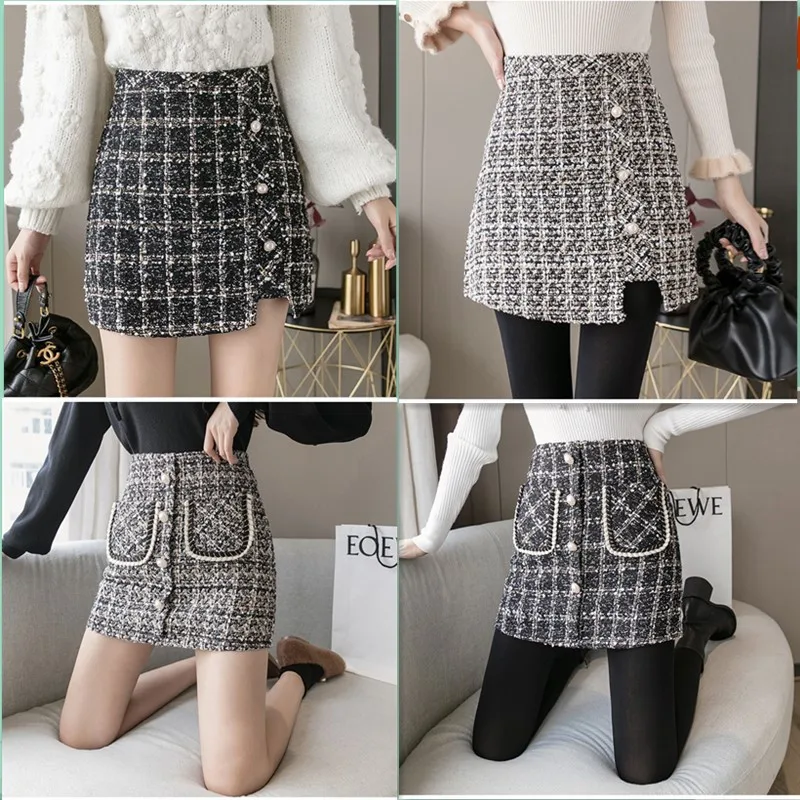 

Hot Patterned Skirt 2020 Autumn Winter Short Skirts Women Warm Wool Mini Skirt Korean High Waist Thick Black Womens Plaid Skirts