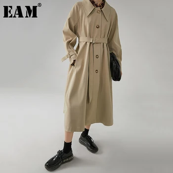 

[EAM] Women Button Waistbelt Pocket Trench New Lapel Long Sleeve Loose Fit Windbreaker Fashion Tide Spring Autumn 2020 1A676