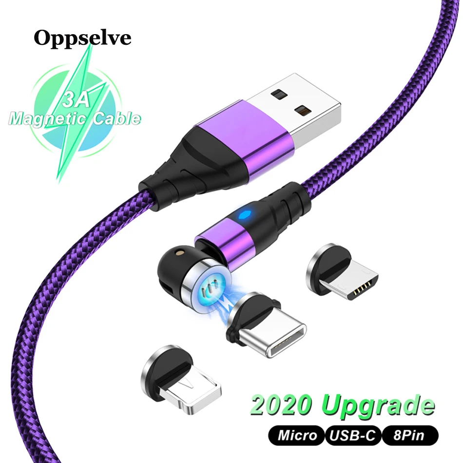 Oppselve 540 Memutar Kabel Pengisian Cepat Magnet Charger Micro USB Tipe C Cabo 3A Ponsel Kawat Kabel Untuk iPhone xiaomi