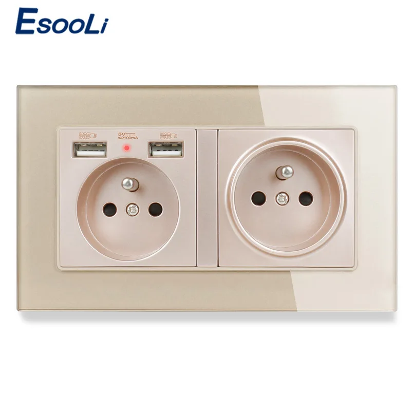 Французская стандартная 2 розетка ESOOLI с USB портами для зарядки настенные розетки