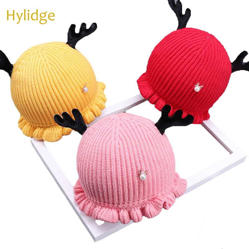 Hylidge Knit шляпа оленя новорожденных жемчужные зимние шапки для девочек рога детские шапки 3 6 месяцев новорожденные фотографии реквизит шапки для мальчиков
