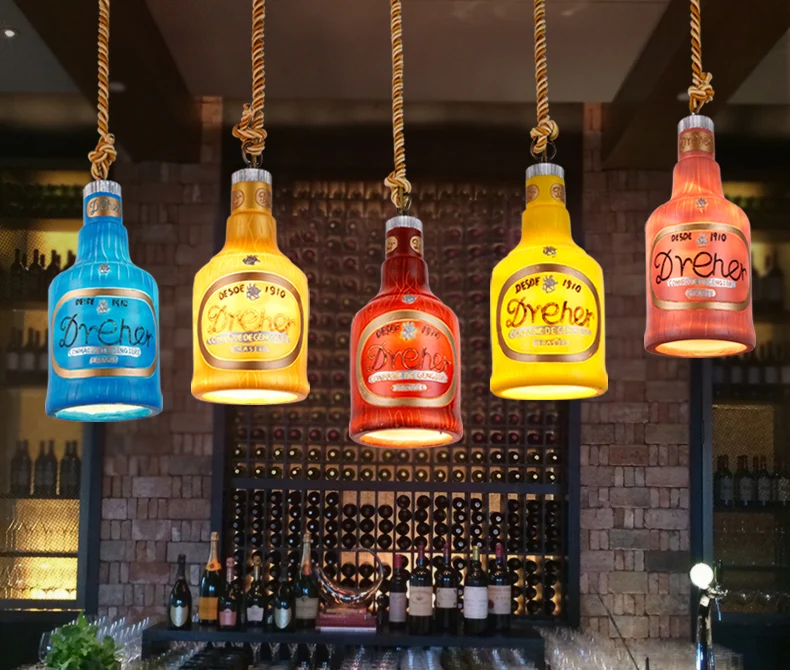 criativo barra pingente lâmpadas loja restaurante salão personalizado resina retro garrafa de vinho única cabeça decorativa pendurado luzes