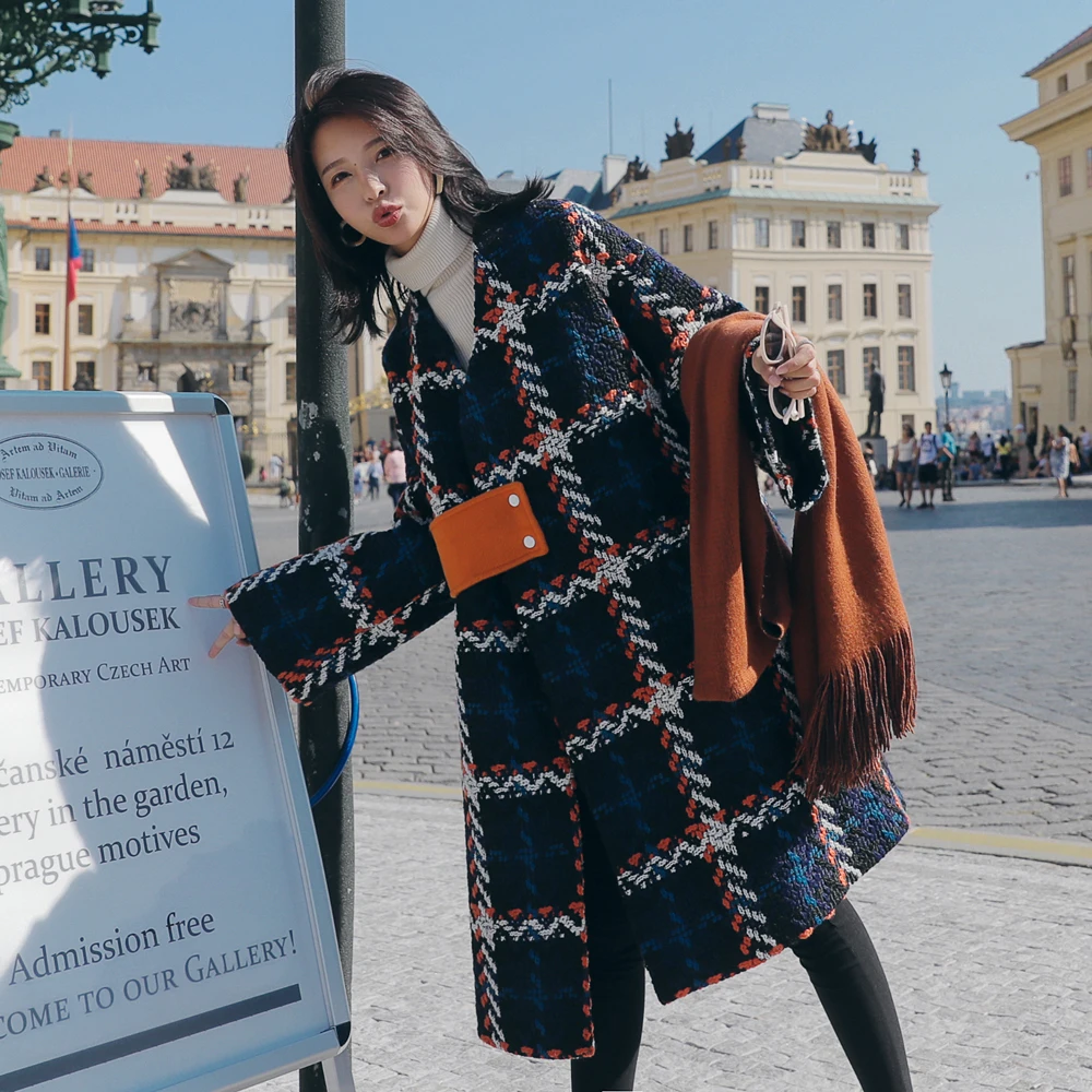 

2019 Brand New Office Lady Overcoat Long Plaid Autumn Winter Women Outerwear Warm Thick Female Clothes Oversize Fashion