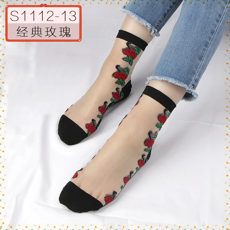 Hyrax trends Transparent sexy bud ladies silk Socks flower design Black transparent color Sexy fashion lace sock