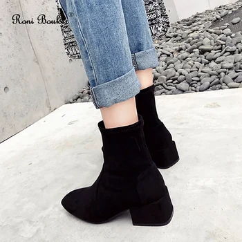

Roni Bouker Autumn Winter Ankle Boots Woman Slip On Chunky Low Heeled Shoes Women's Faux Suede Flock Short Boot Woman's Booties