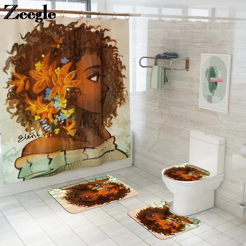 African Girl Bathroom Decoration Bath Mat and Shower Curtain Set Non-Slip Floor Rugs Toilet Lid Cover Bath Mat for Bathroom