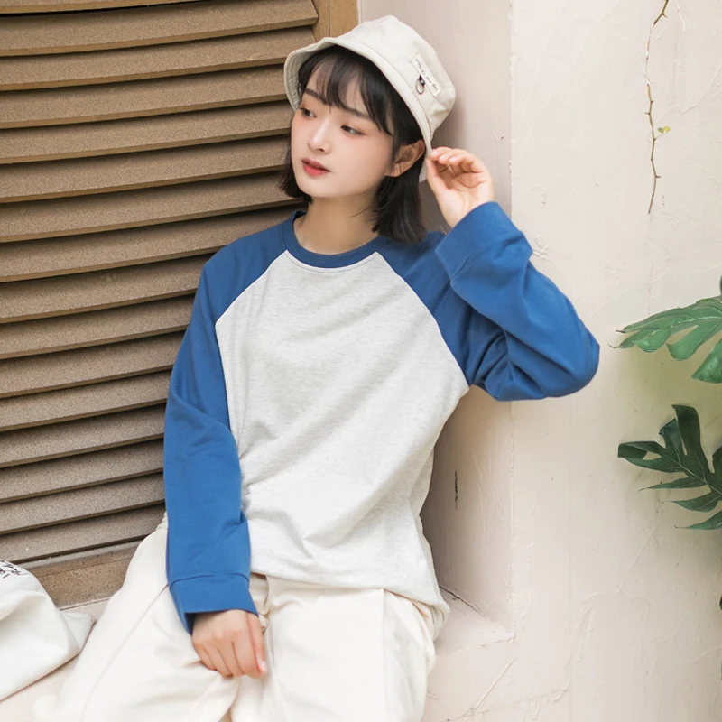 Autumn New Woman Tshirts Full Japanese Style Color Matching Cotton Soft Comfortable Loose Base Harajuku Tops Graphic Plus Size