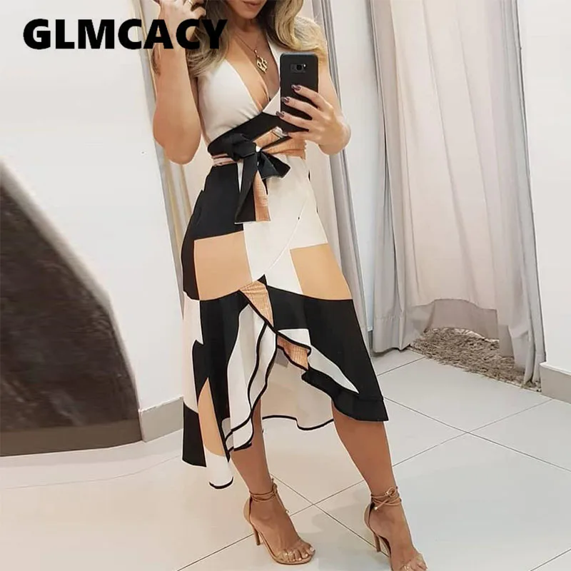 V-neck Colorblock Print Knotted Irregular Dress Women Sleeveless Chic Elegant OL Midi Dresses V-neck Colorblock Print Knotted Irregular Dress Women Sleeveless Chic Elegant OL Midi Dresses