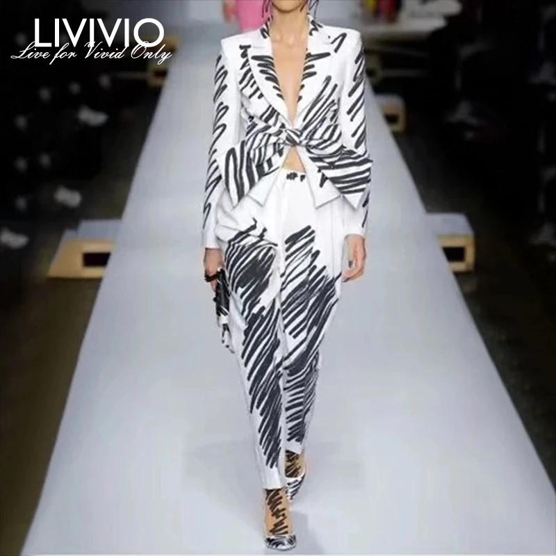 

[LIVIVIO] Striped Elegant Women's Suit Long Sleeve Bow Blazer Wide Leg Pants Two Piece Set Female 2019 Fashion Clothing New