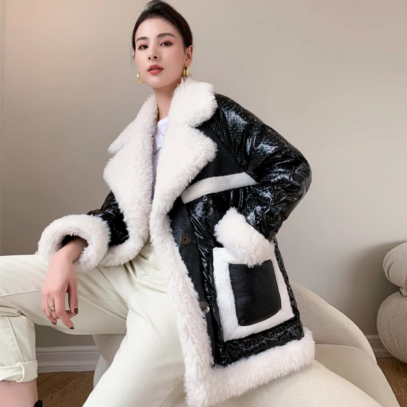 

New Winter 90% White Duck Down Coats Women Thicken Warm Lamb Wool Down Jackets Woman Glossy Warm Long Down Parka Coat Motorcycle
