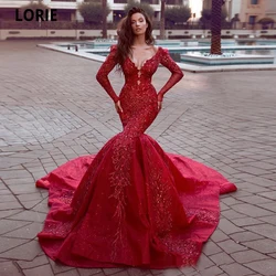 LORIE Red Glitter Mermaid Evening Dresses Side Split Prom Gowns Sexy Long Sleeve Off Shoulder Appliqued Formal Party Dress Long