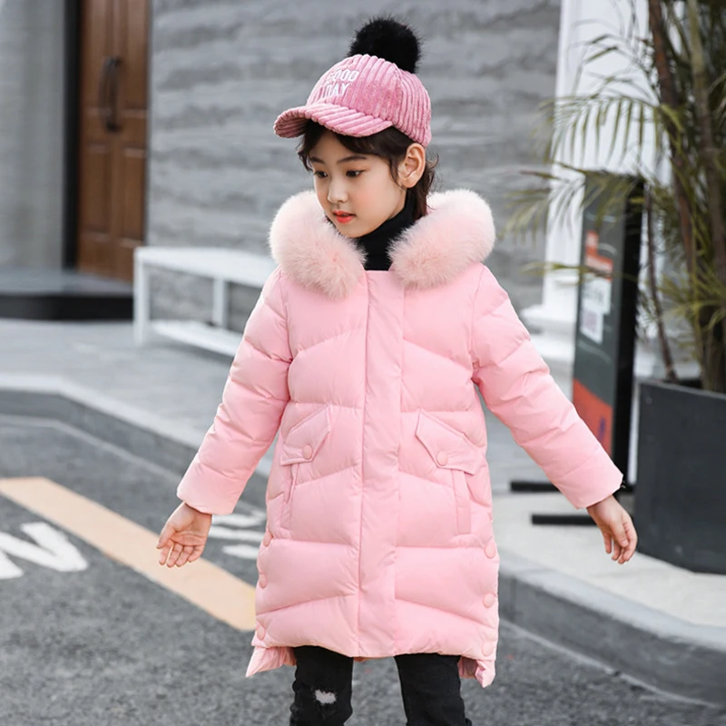 Детские Пуховые Пальто Новинка года, длинные зимние куртки с капюшоном для девочек, Утепленное зимнее пальто в Корейском стиле верхняя одежда для больших детей От 5 до 16 лет