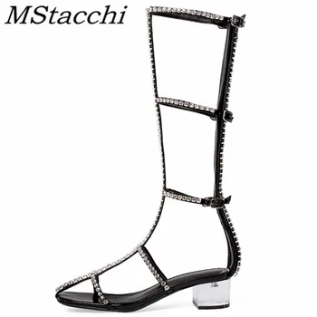 

MStacchi Sexy Boots Women Crystal Chunky Heel Square Toe Boots Narrow Band Zipper High Heel Mid-calf Boots Classics Women Boots