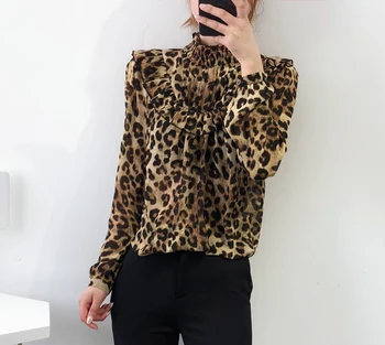 

Women Shirt Trendy Ruffled Leopard Print Top