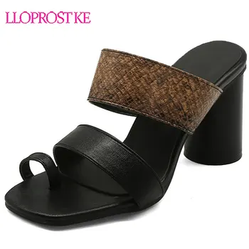 

Lloprost ke 2020 Summer Women Pinch Sandals Top Quality Square Heeled Sandals Lady Round Toe New Fashion Brand Shoes Woman