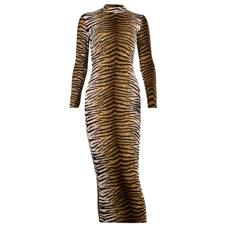 Женский леопардовый принт, круглый вырез, длинный рукав, облегающее, сексуальное длинное облегающее платье