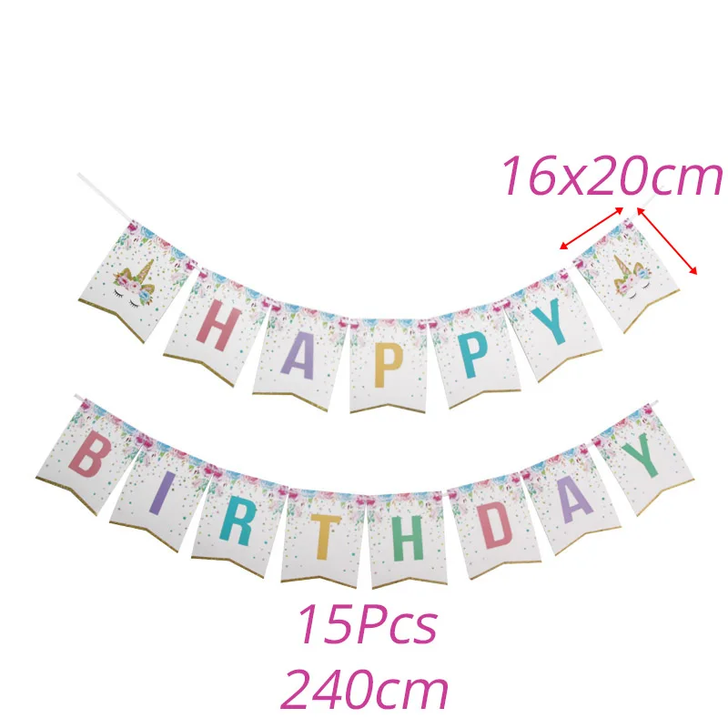15pcs banner Единорог день рождения Единорог Одноразовые Партии Посуда Наборы бумажные тарелки и стаканы 0-9 рождения Количество шариков детский душ украшения Дети - Цвет: 15pcs banner