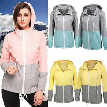 

New Autumu Women Ladies Casual Outdoor Windbreaker Zipper Long Sleeve Patchwork Drawstring Hooded Jacket Sportswear Coat Top