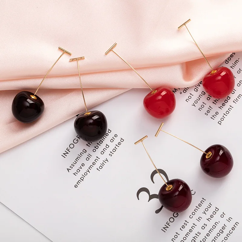 1Pair Cute Simulation Red Cherry Sweet Resin Drop Earring Hot Red Color High Quality For Women Girl Student Fruit Xmas Gift