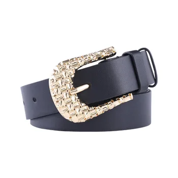 

Retro black wide belt fashion personality combination gold silver buckle geometric pin buckle ladies belt