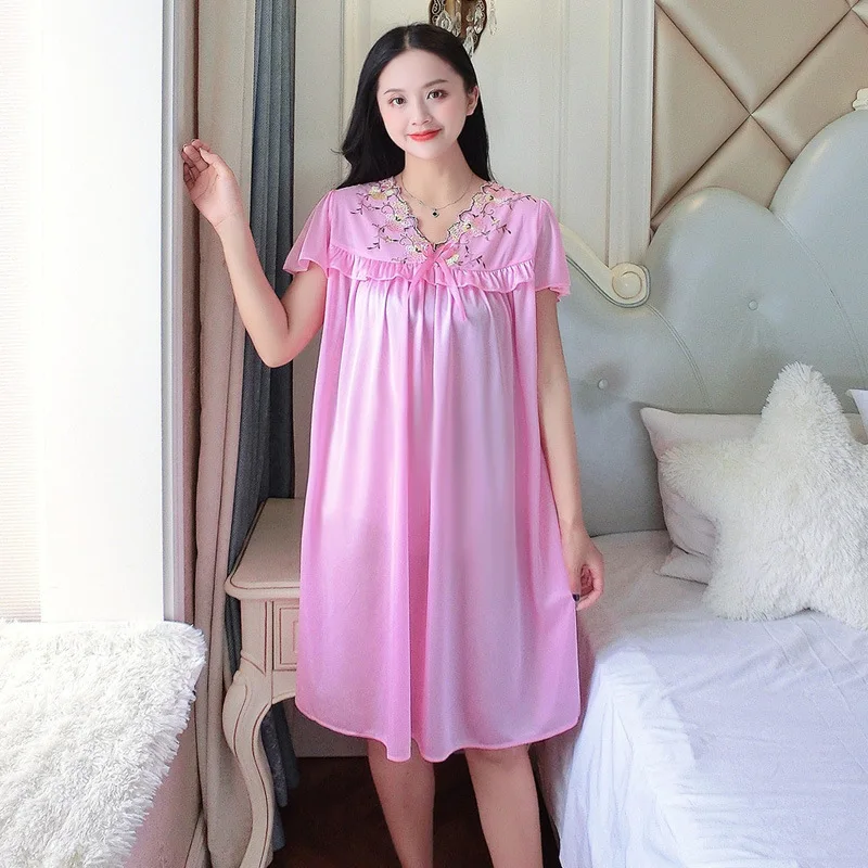 3XL Women Nightgown Summer New Sleepwear Sleep Dress Lace Loose Short Sleeve Nightdress Lingerie Silk Satin Home Dressing Gown