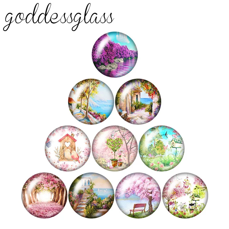 

New Drawings Flowers Trees scenery 10pcs 12mm/16mm/18mm/25mm Round photo glass cabochon demo flat back Making findings