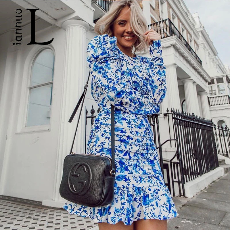 

LIANNUO Halter Backless Floral Print Bandage Dress Long Sleeve Ruffles Ruched Vestidos Female Autumn Sexy Elegant Party Dresses