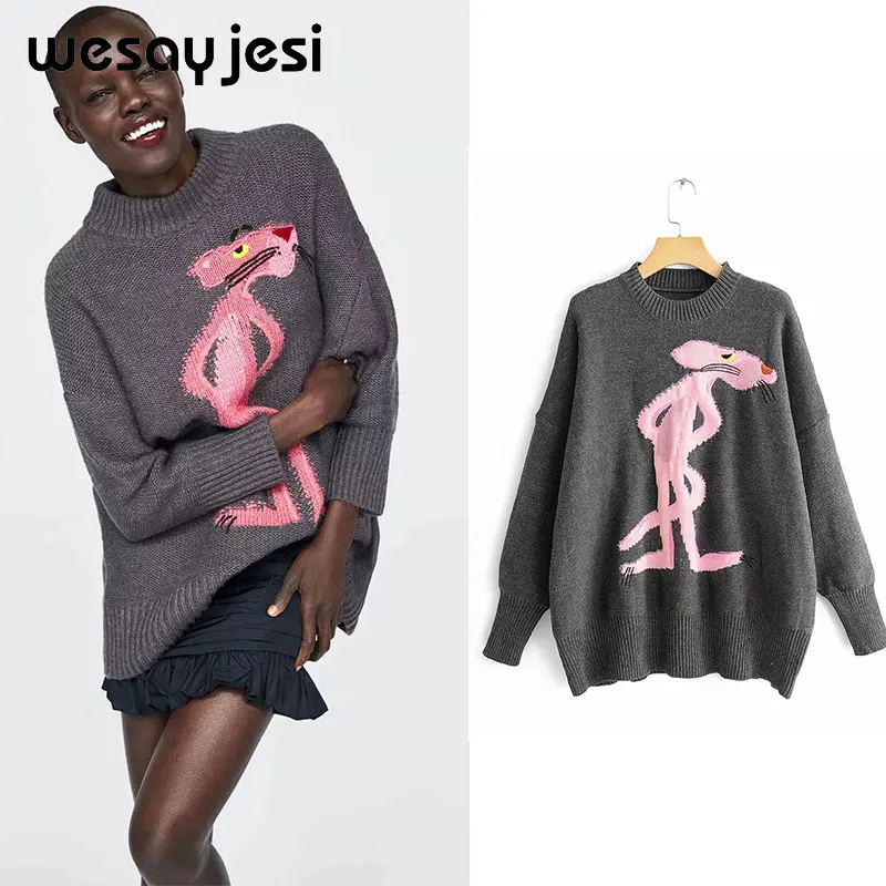 

Autumn Winter Women Sweater Cartoon Print Oversize Pullovers Sweater Lantern sleeve O Neck Strethy Elegant Office Ladies Jumper