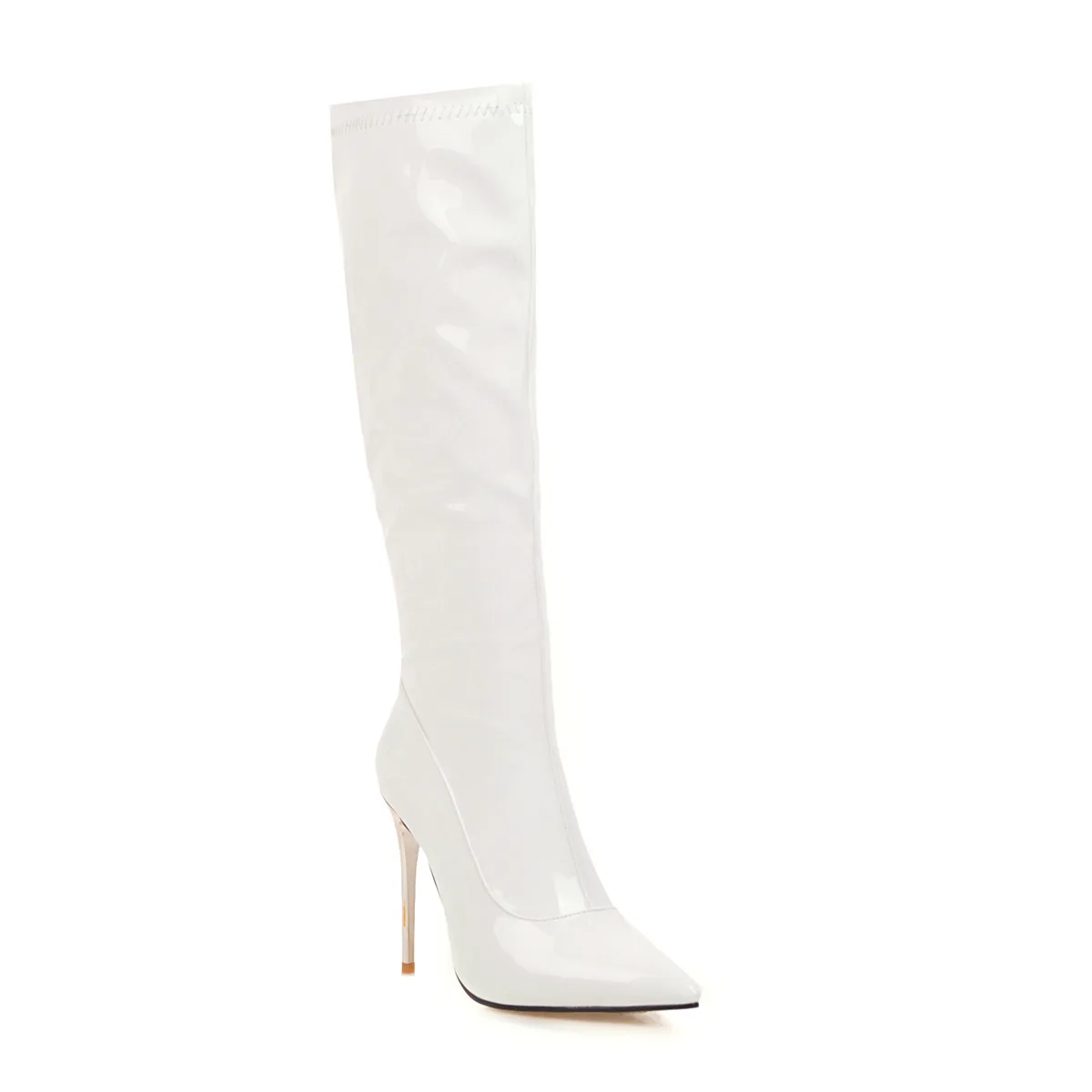 fashion thin high heels women knee high boots pu leather office ladies shoes spring autumn Zipper boots women size 34-43 - Цвет: white