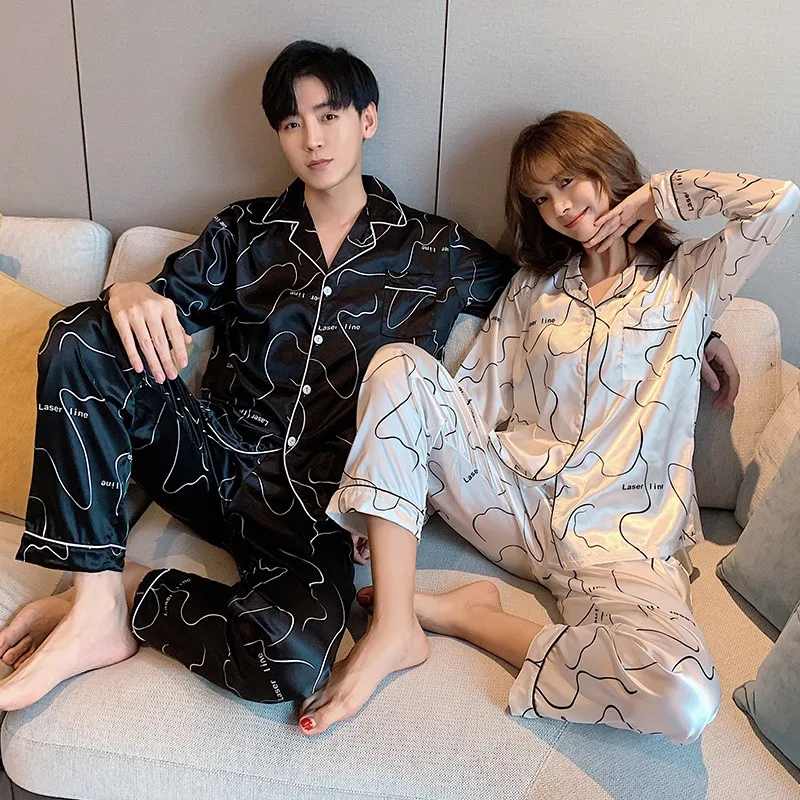 Plus Size Couples Long Sleeve Silk Satin Pajama Sets for Men 2020 Autumn Sleepwear Suit Homewear Women Pijama Mujer Home Clothes | Мужская