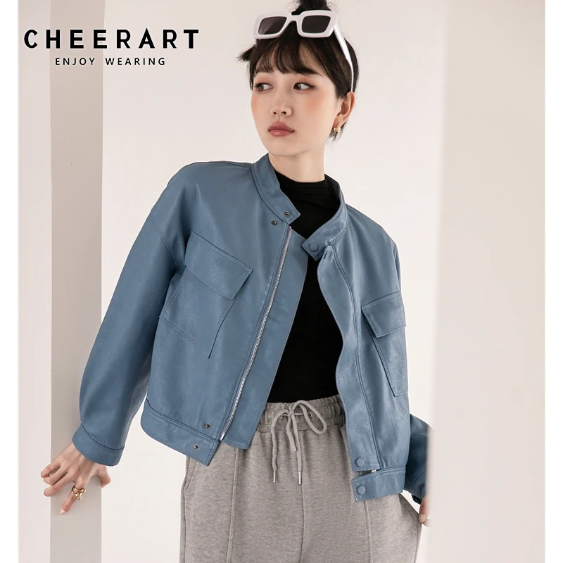 

CHEERART Blue Bomber Leather Jacket Women 2020 Autumn Stand Collar Motorcycle Coats And Jackets Biker Faux Leather Biker Jacket